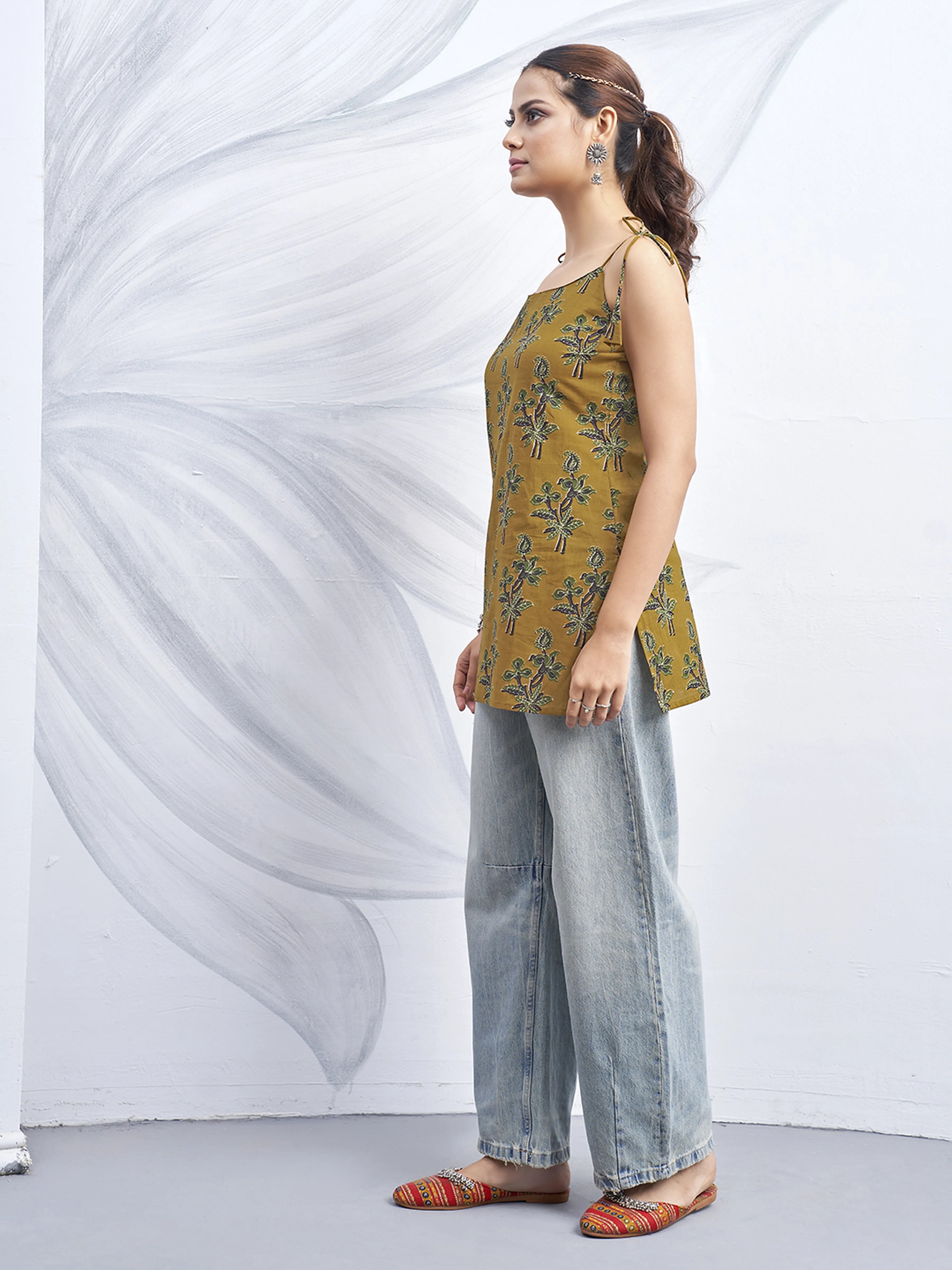 Mustard Brown Tie-Knot Shoulder Cotton Short Kurti with Floral Block Print