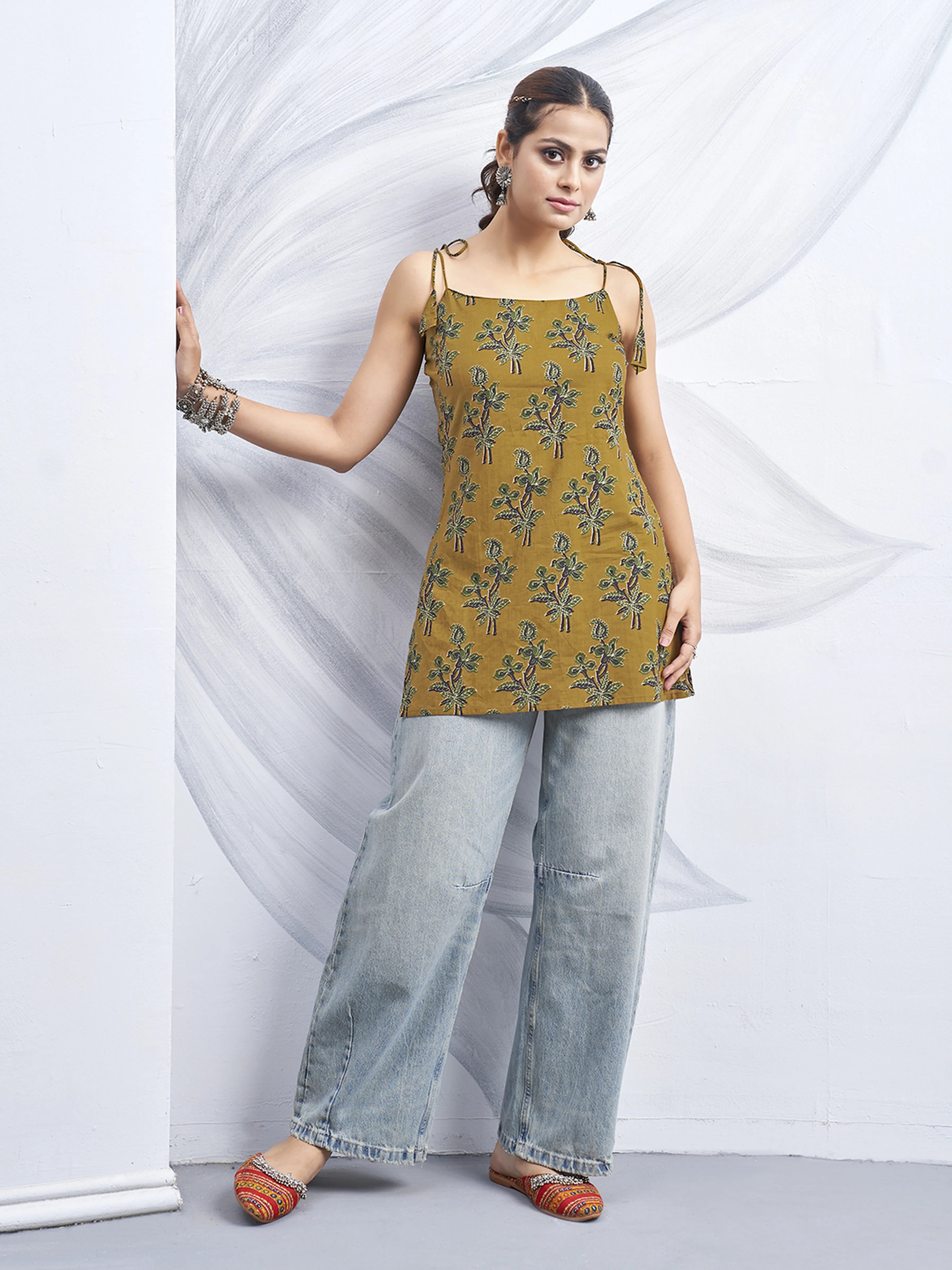 Mustard Brown Tie-Knot Shoulder Cotton Short Kurti with Floral Block Print