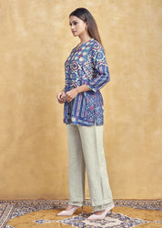 Blue Base Multicolor Printed Short Kurti in Muslin