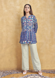 Blue Base Multicolor Printed Short Kurti in Muslin