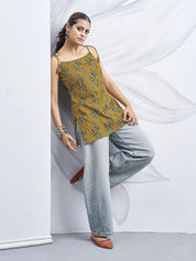 Mustard Brown Tie-Knot Shoulder Cotton Short Kurti with Floral Block Print
