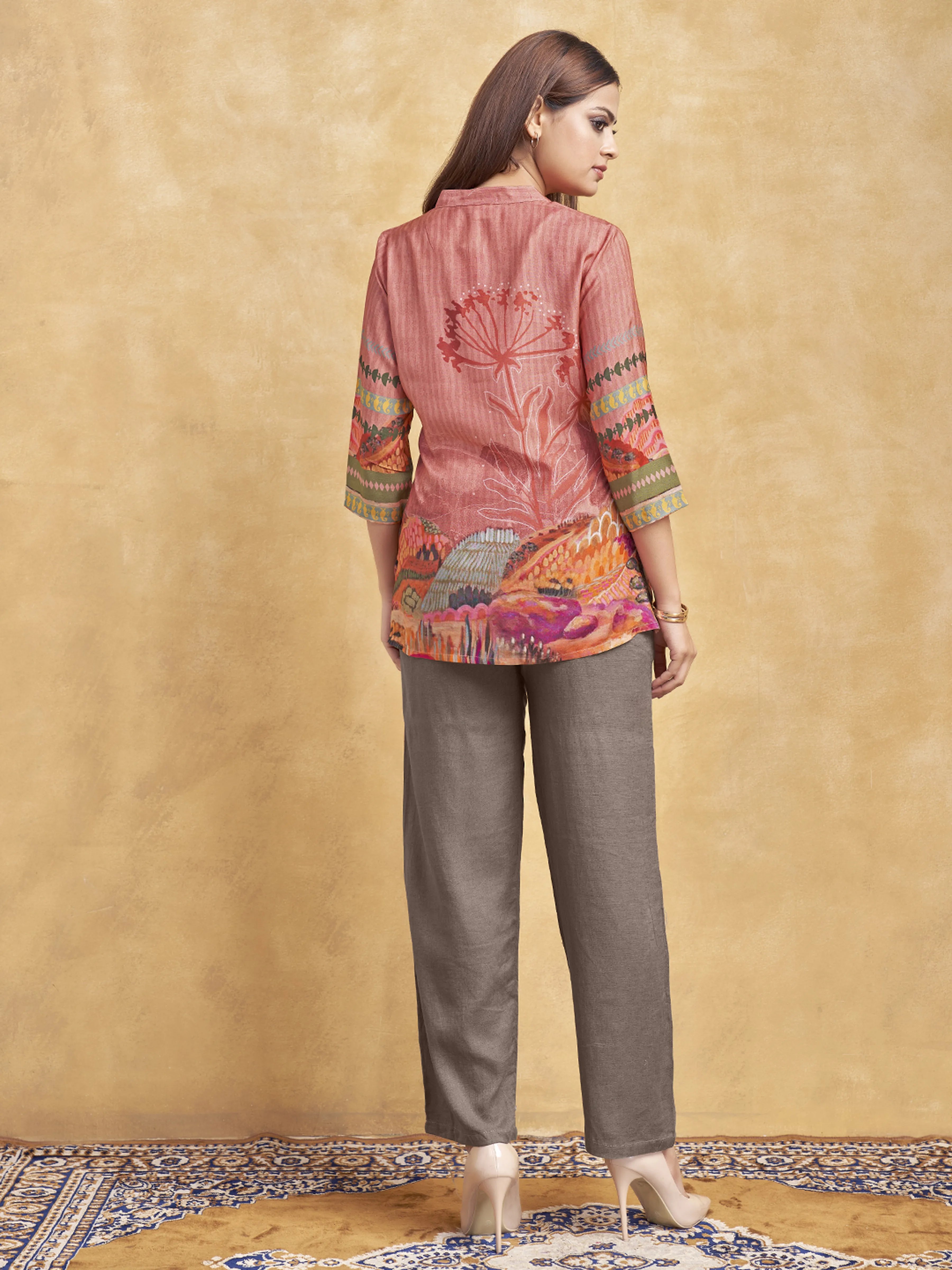 Dusty Pink Printed Short Kurti in Muslin