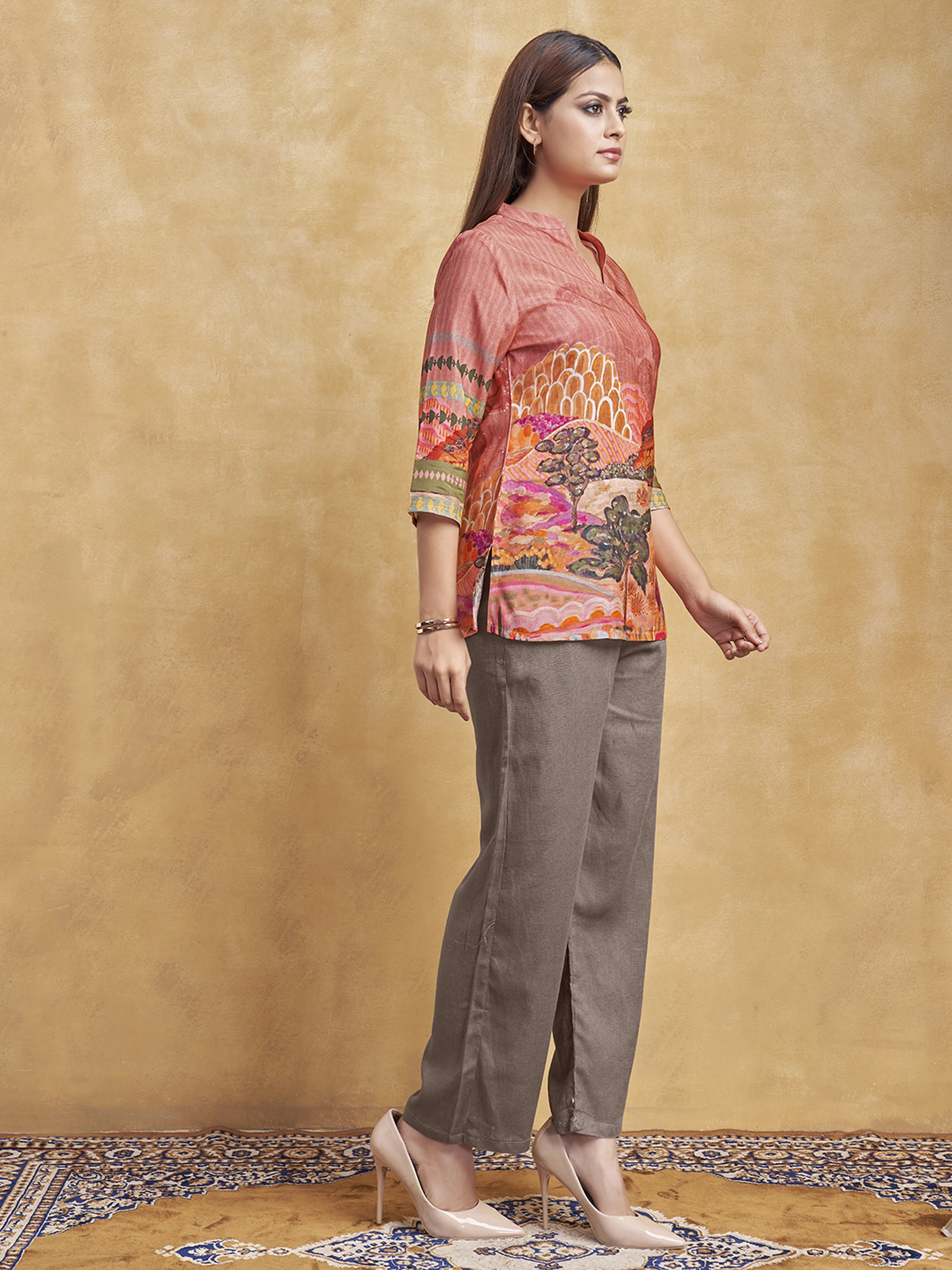 Dusty Pink Printed Short Kurti in Muslin