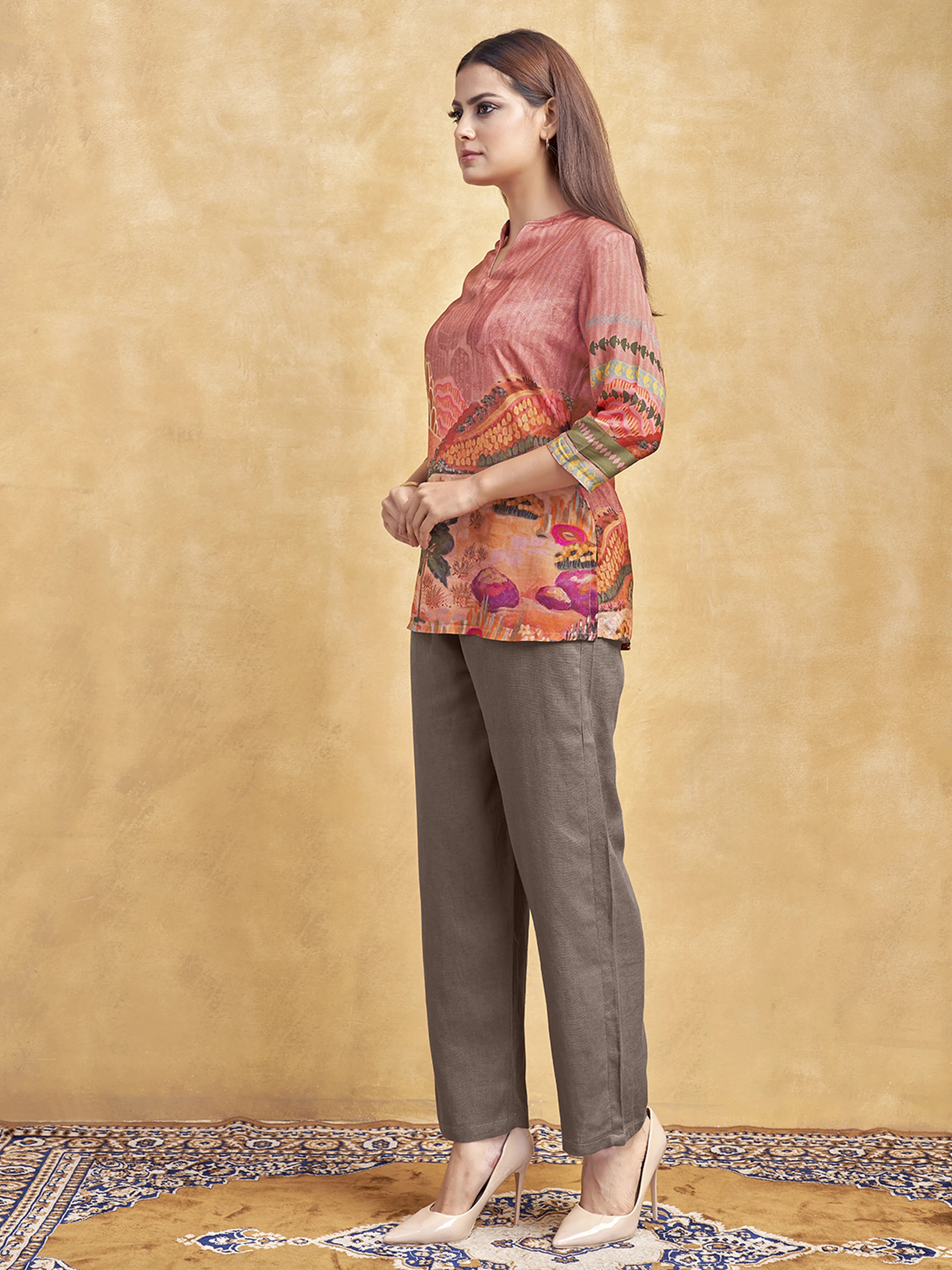 Dusty Pink Printed Short Kurti in Muslin