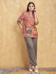 Dusty Pink Printed Short Kurti in Muslin