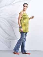 Citron Green Tie-Knot Shoulder Cotton Short Kurti with White Booti Print