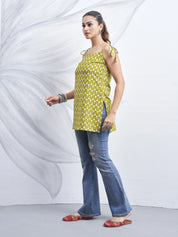 Citron Green Tie-Knot Shoulder Cotton Short Kurti with White Booti Print