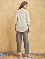 Beige Windmill Scenic Embroidered Short Kurti in Cotton Flex