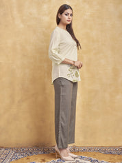 Beige Windmill Scenic Embroidered Short Kurti in Cotton Flex