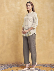 Beige Windmill Scenic Embroidered Short Kurti in Cotton Flex