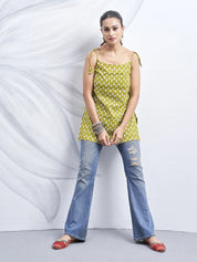 Citron Green Tie-Knot Shoulder Cotton Short Kurti with White Booti Print