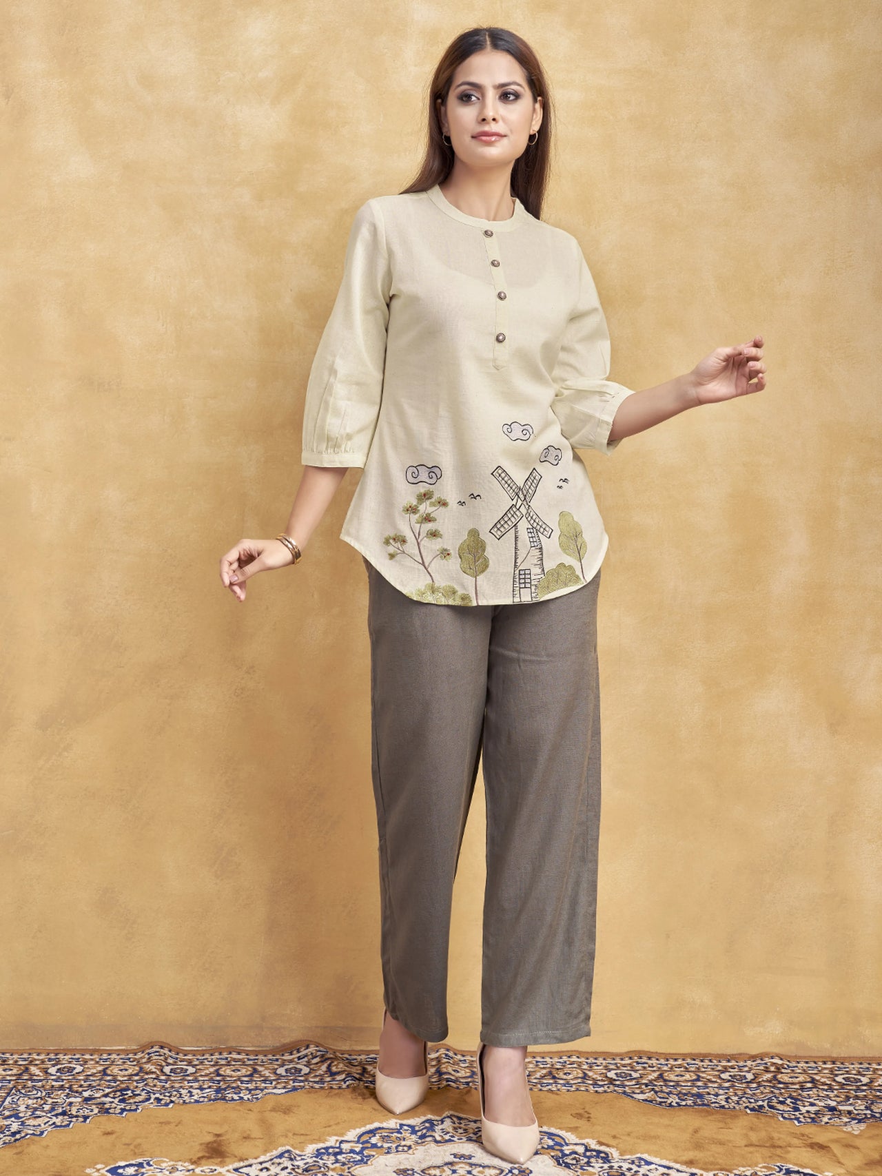 Beige Windmill Scenic Embroidered Short Kurti