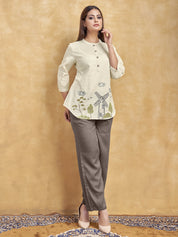 Beige Windmill Scenic Embroidered Short Kurti in Cotton Flex