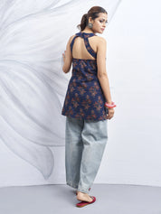 Dark Blue Halter Neck Cotton Kurti with Backless Cut-Out