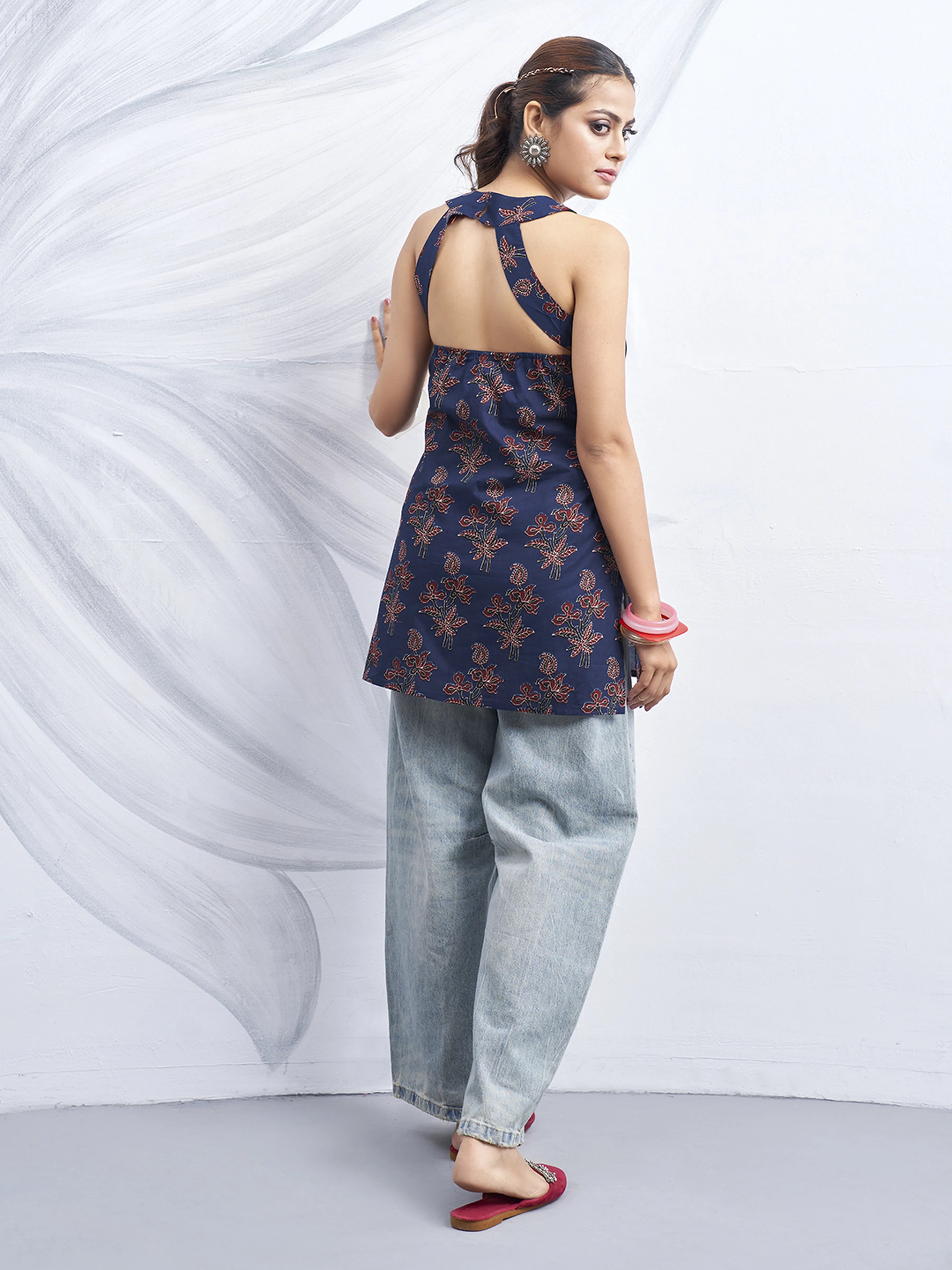Dark Blue Halter Neck Cotton Kurti with Backless Cut-Out