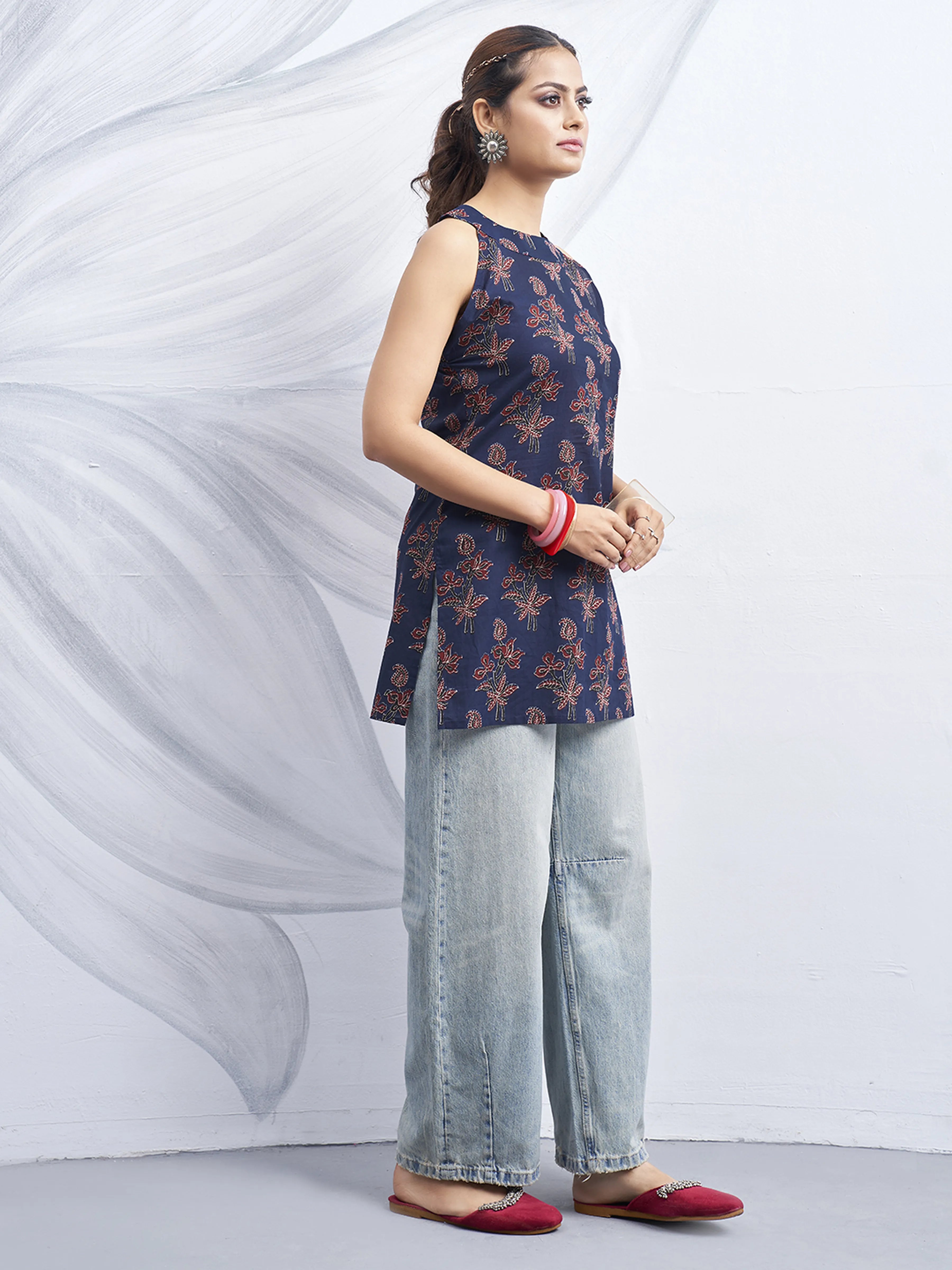 Dark Blue Halter Neck Cotton Kurti with Backless Cut-Out