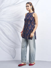 Dark Blue Halter Neck Cotton Kurti with Backless Cut-Out