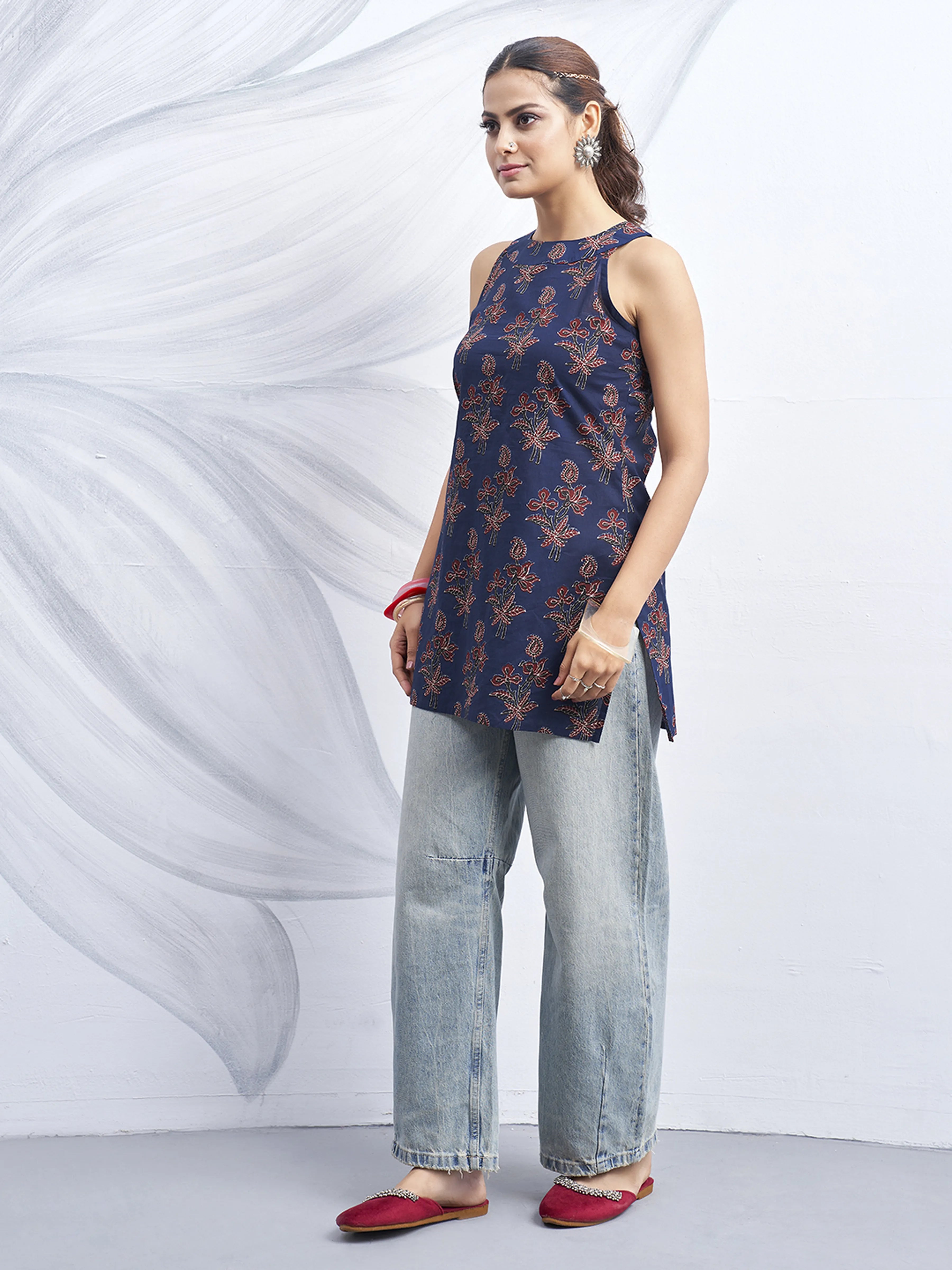 Dark Blue Halter Neck Cotton Kurti with Backless Cut-Out