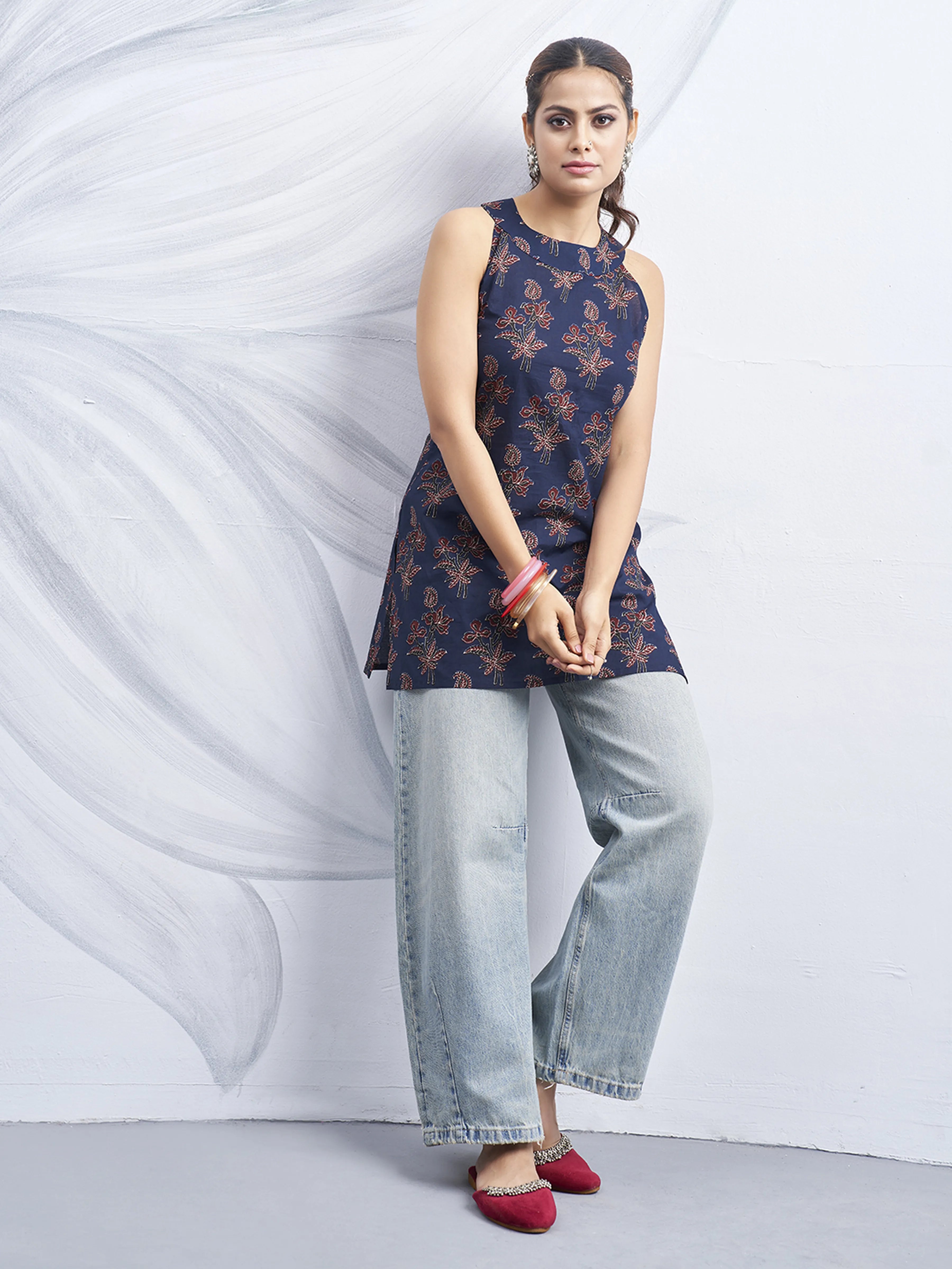 Dark Blue Halter Neck Cotton Kurti with Backless Cut-Out