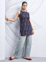 Dark Blue Halter Neck Cotton Kurti with Backless Cut-Out