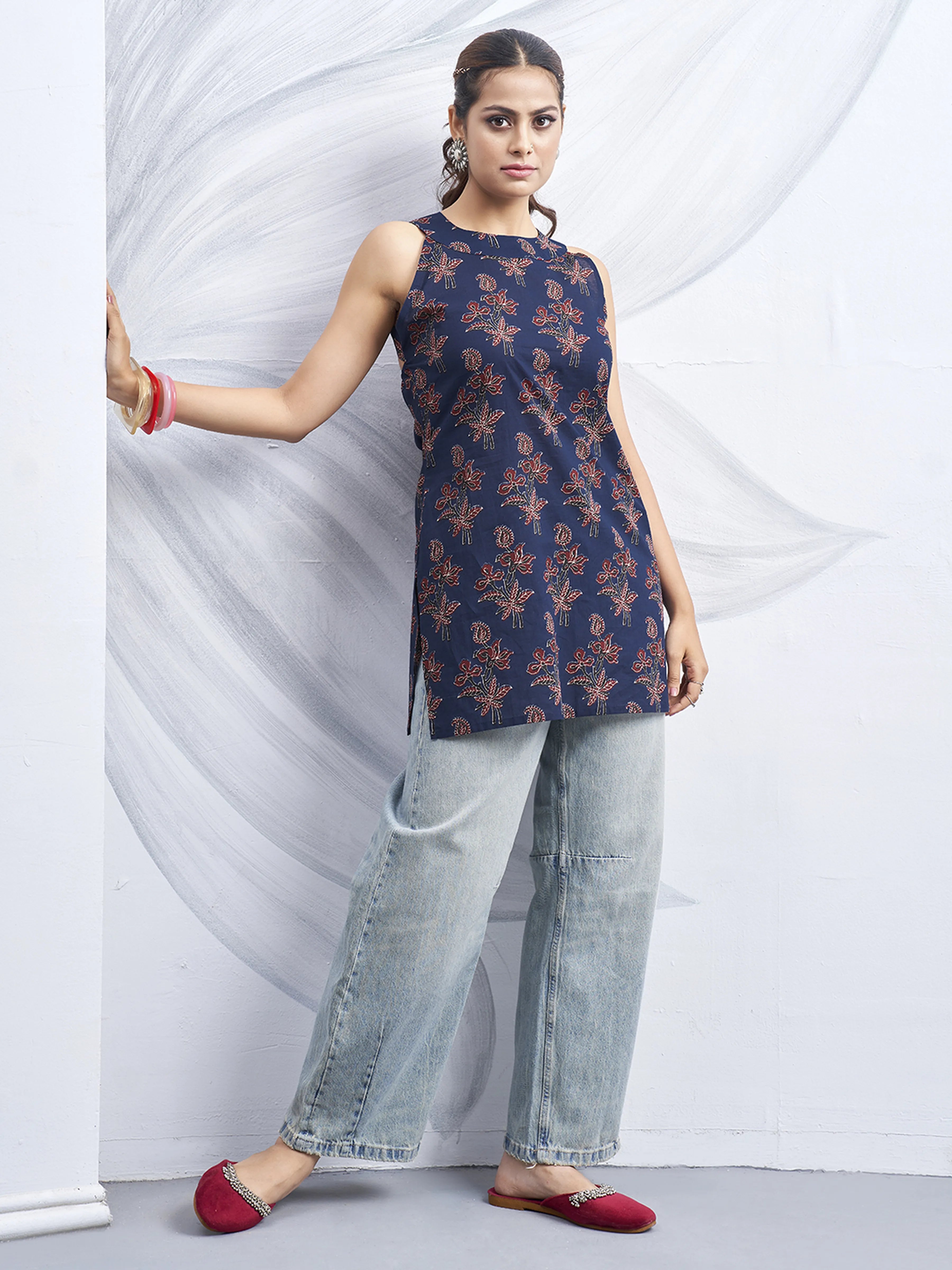 Dark Blue Halter Neck Cotton Kurti with Backless Cut-Out