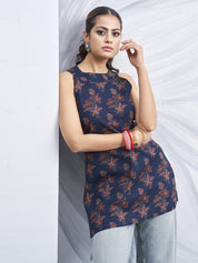 Dark Blue Halter Neck Cotton Kurti with Backless Cut-Out