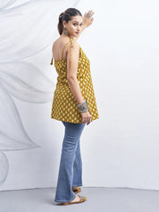 Mustard Yellow Tie-Knot Shoulder Cotton Short Kurti with Floral Block Print