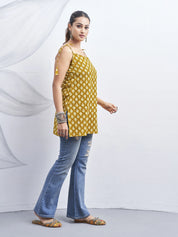 Mustard Yellow Tie-Knot Shoulder Cotton Short Kurti with Floral Block Print