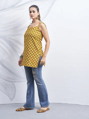 Mustard Yellow Tie-Knot Shoulder Cotton Short Kurti with Floral Block Print