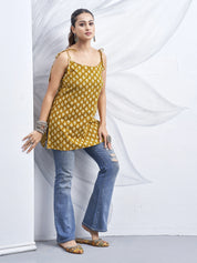 Mustard Yellow Tie-Knot Shoulder Cotton Short Kurti with Floral Block Print