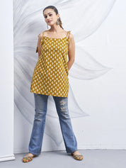 Mustard Yellow Tie-Knot Shoulder Cotton Short Kurti with Floral Block Print