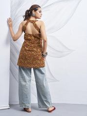 Coral Halter Neck Cotton Kurti with Floral Block Print