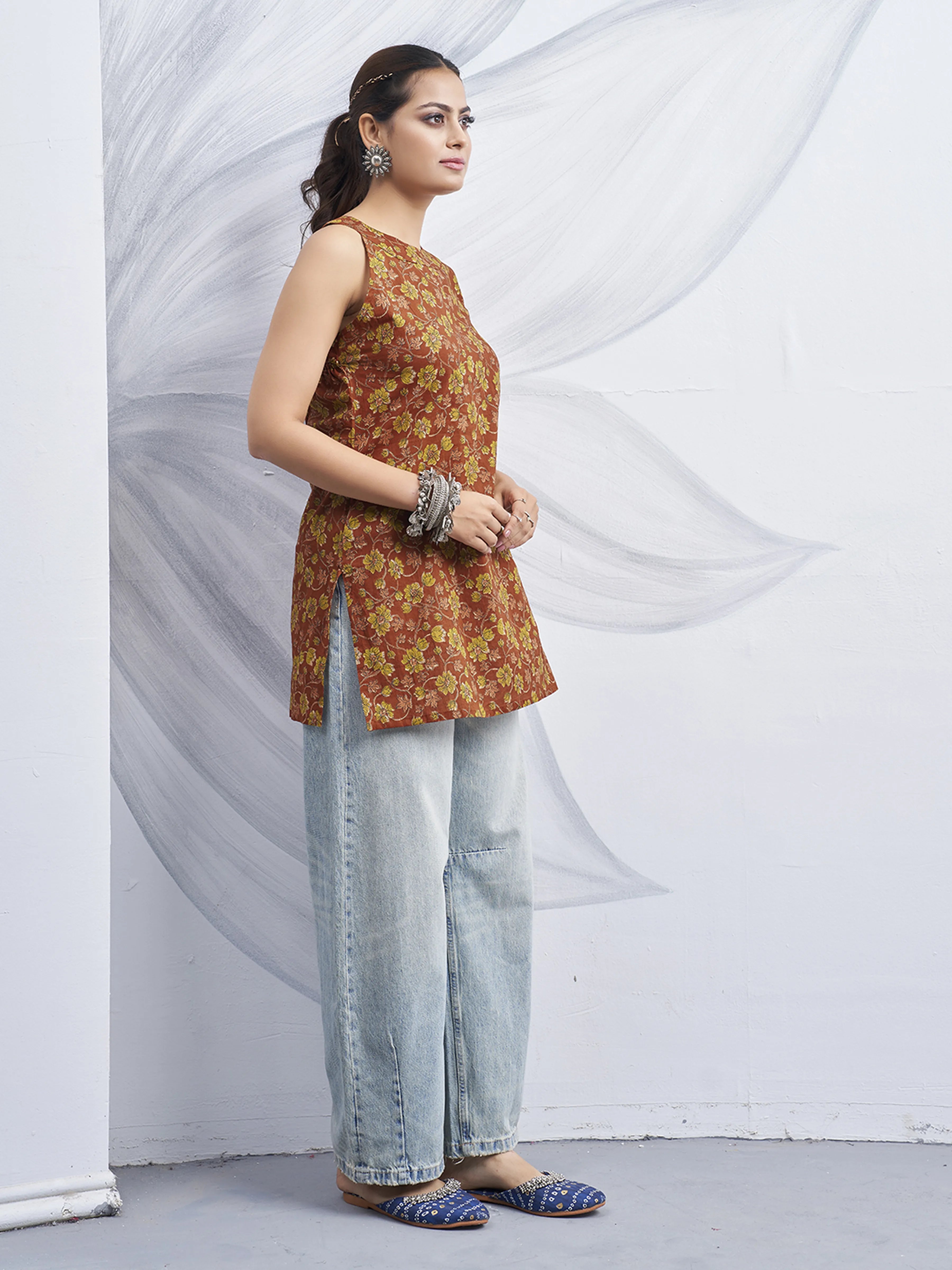 Coral Halter Neck Cotton Kurti with Floral Block Print