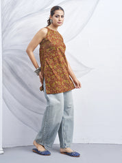 Coral Halter Neck Cotton Kurti with Floral Block Print