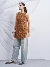 Coral Halter Neck Cotton Kurti with Floral Block Print