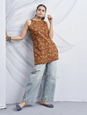 Coral Halter Neck Cotton Kurti with Floral Block Print