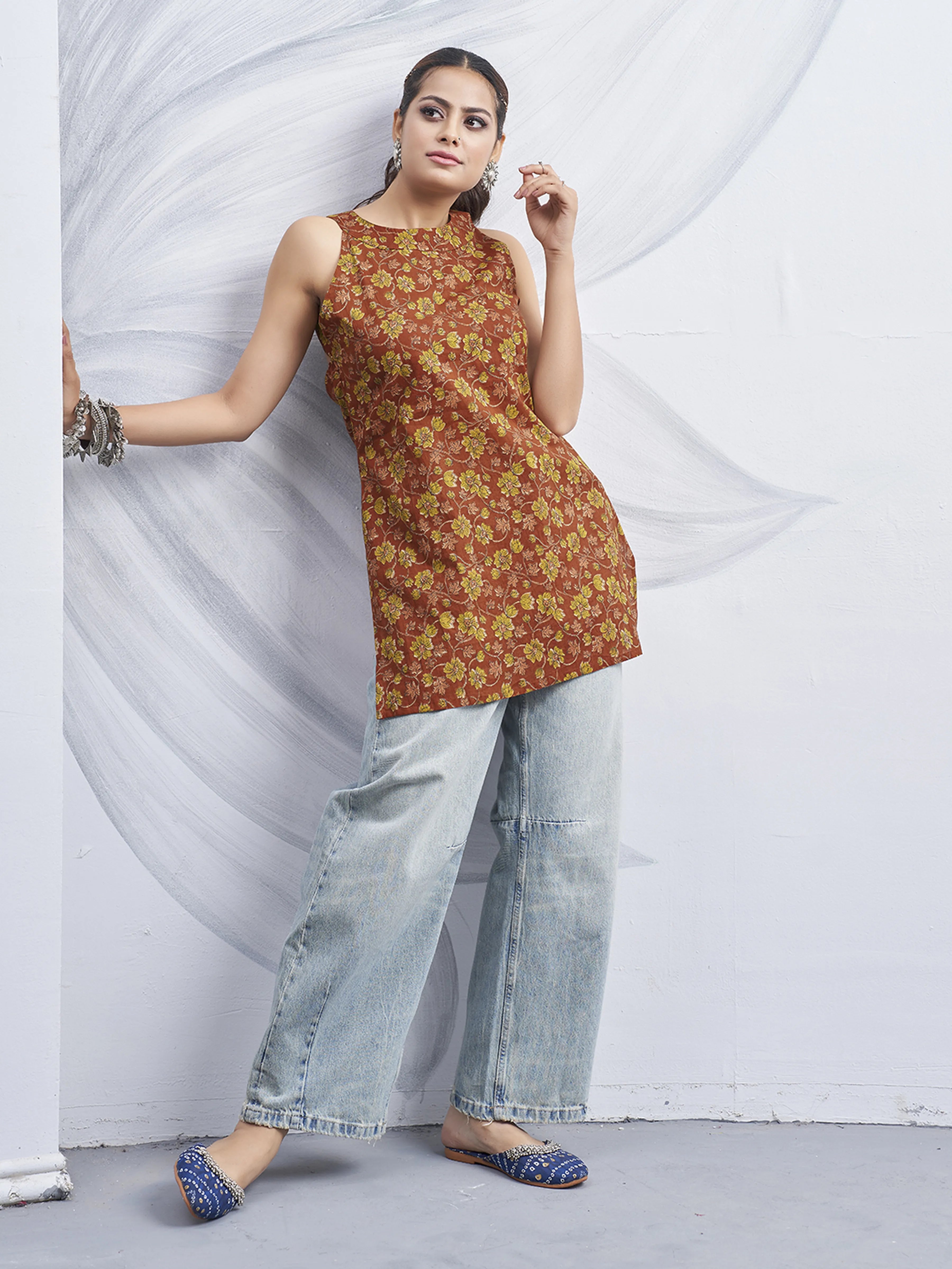 Coral Halter Neck Cotton Kurti with Floral Block Print