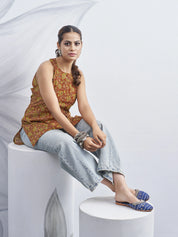 Coral Halter Neck Cotton Kurti with Floral Block Print