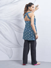 Blue Halter Neck Cotton Kurti with Elephant Block Print