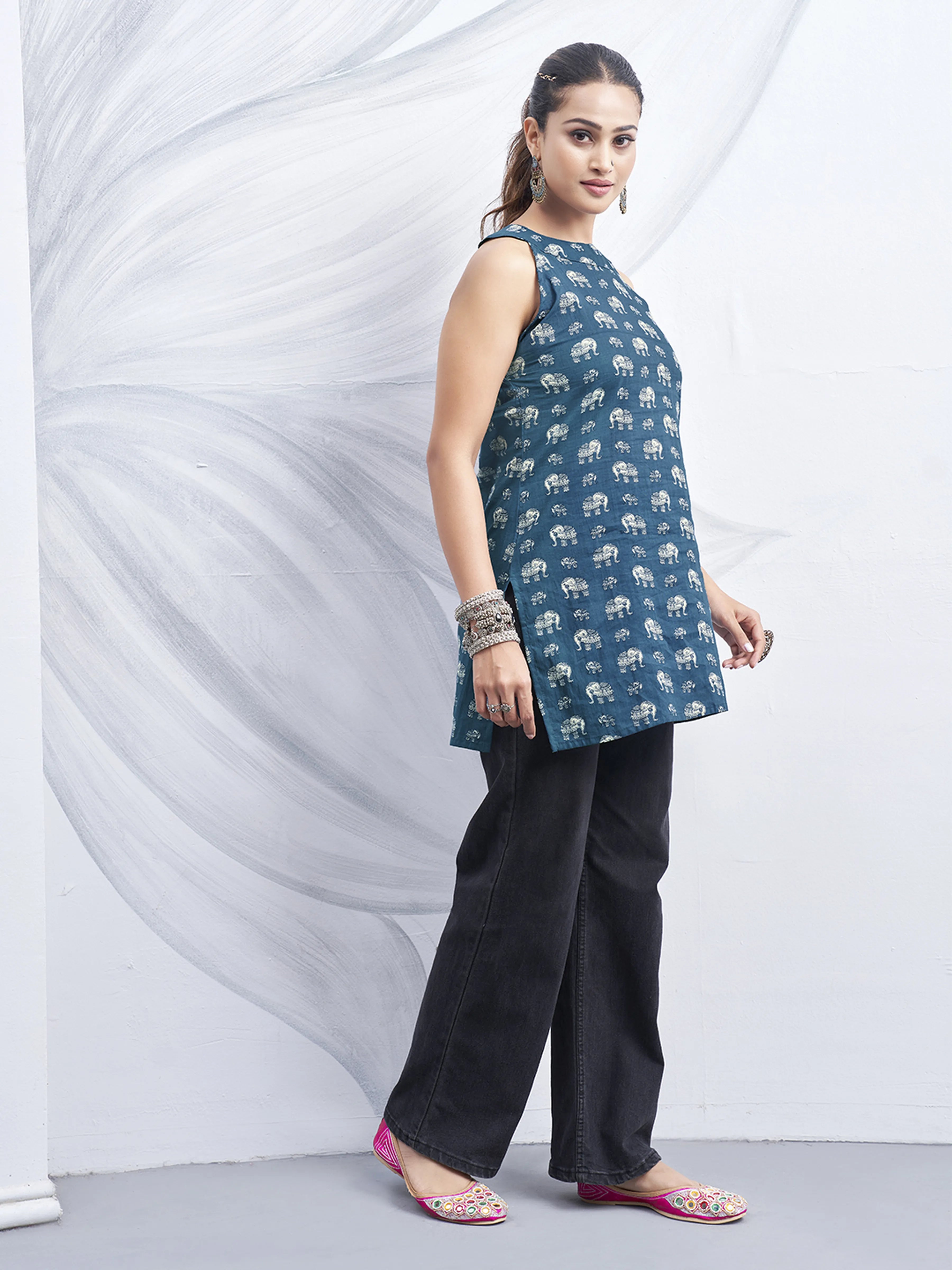 Blue Halter Neck Cotton Kurti with Elephant Block Print