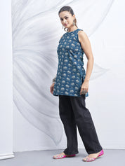 Blue Halter Neck Cotton Kurti with Elephant Block Print
