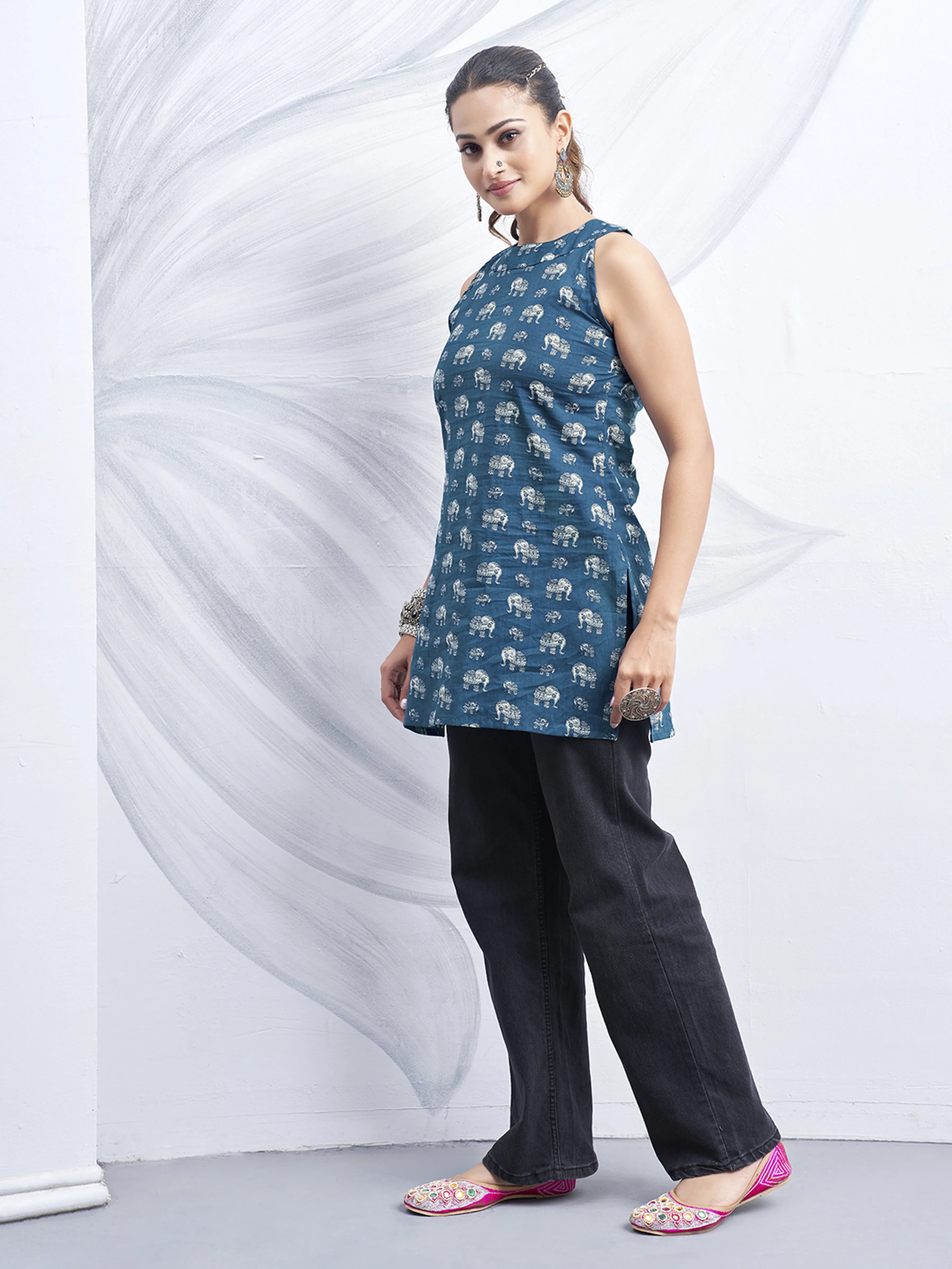 Blue Halter Neck Cotton Kurti with Elephant Block Print