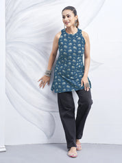 Blue Halter Neck Cotton Kurti with Elephant Block Print