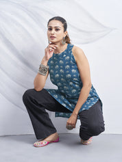 Blue Halter Neck Cotton Kurti with Elephant Block Print