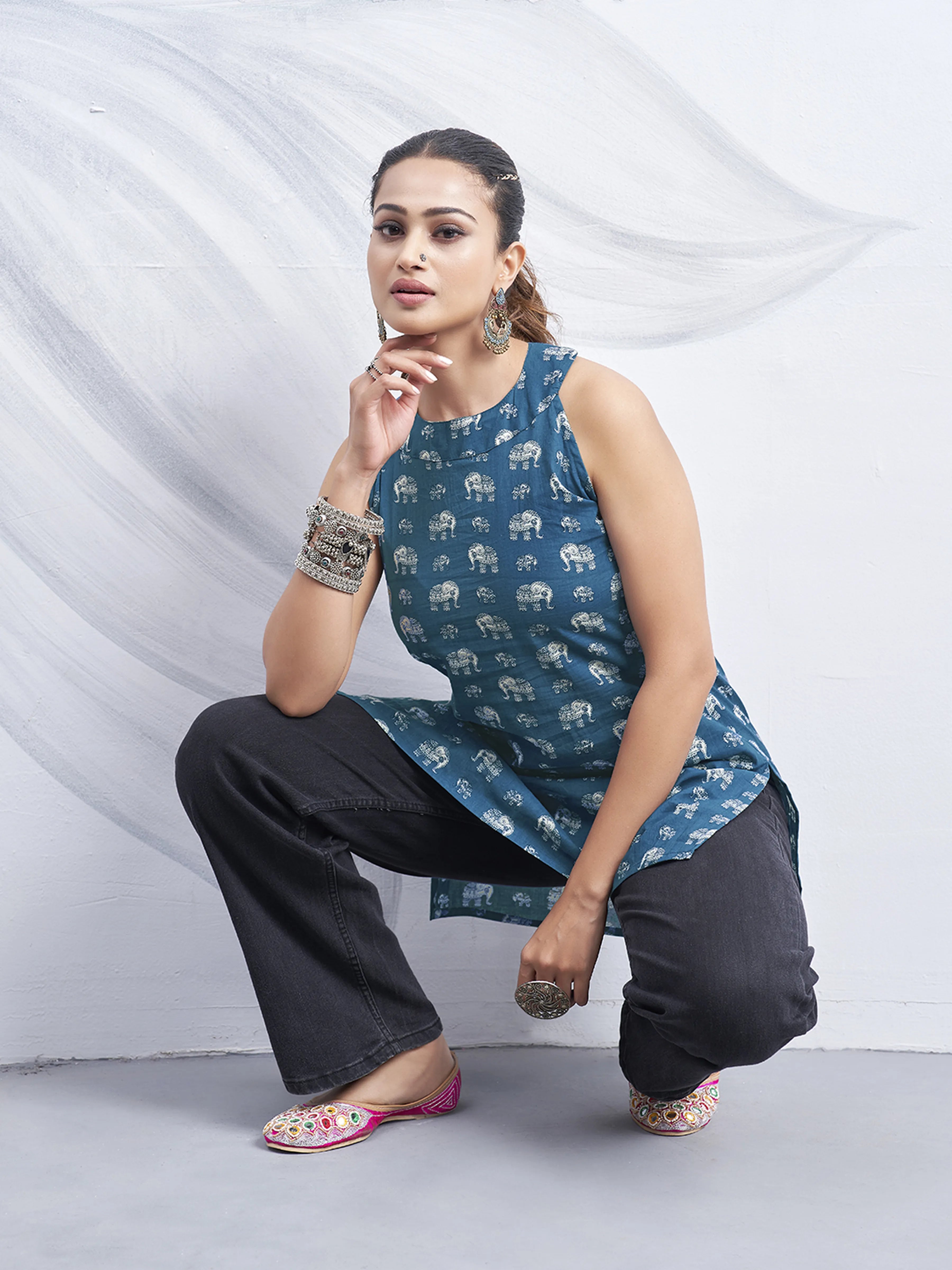 Blue Halter Neck Cotton Kurti with Elephant Block Print