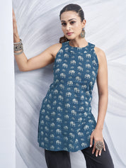 Blue Halter Neck Cotton Kurti with Elephant Block Print