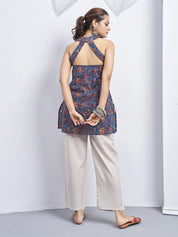 Deep Blue Halter Neck Cotton Kurti with Floral Block Print