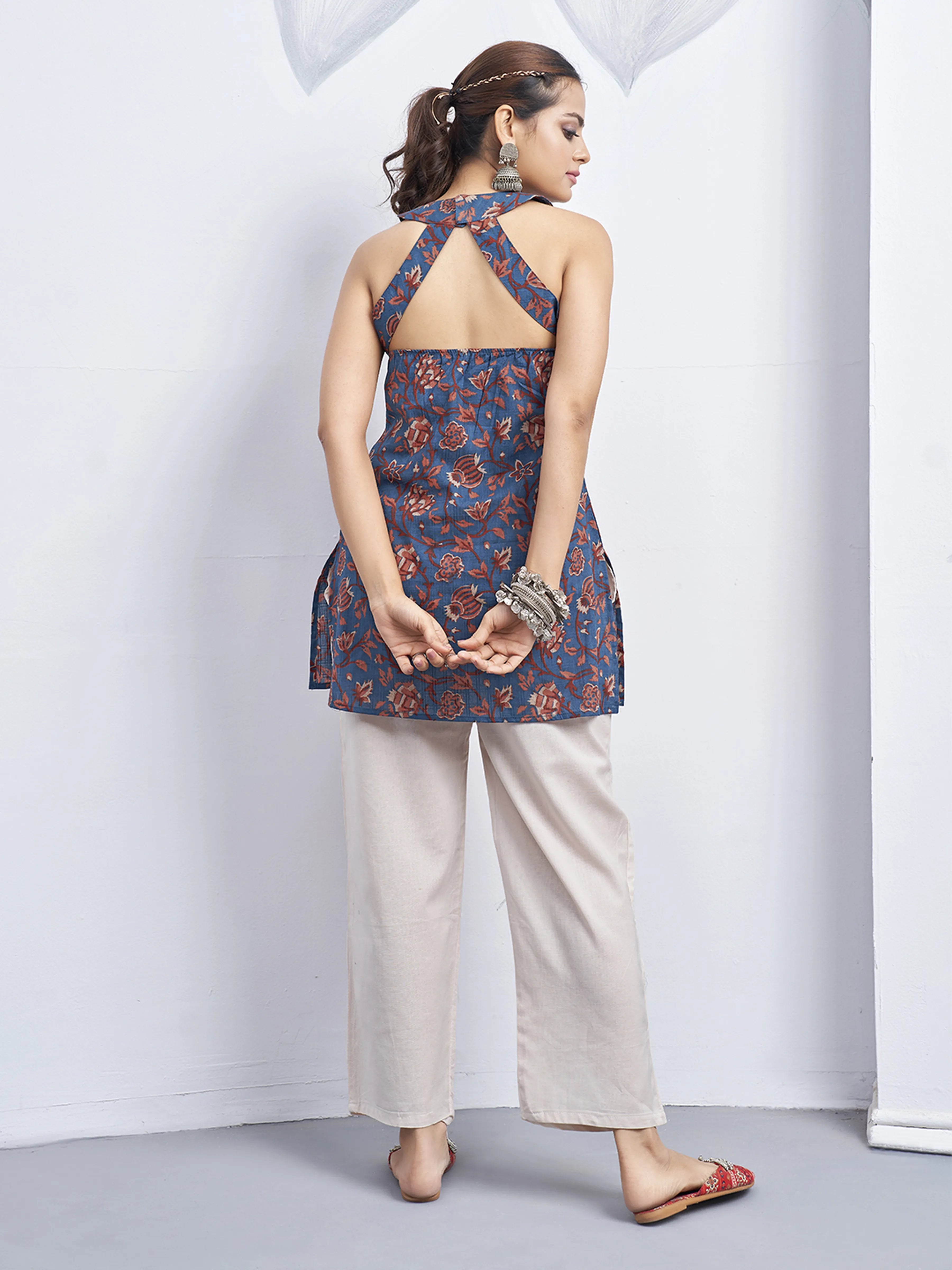 Deep Blue Halter Neck Cotton Kurti with Floral Block Print