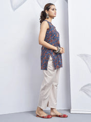 Deep Blue Halter Neck Cotton Kurti with Floral Block Print