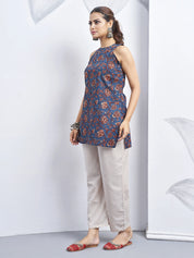 Deep Blue Halter Neck Cotton Kurti with Floral Block Print